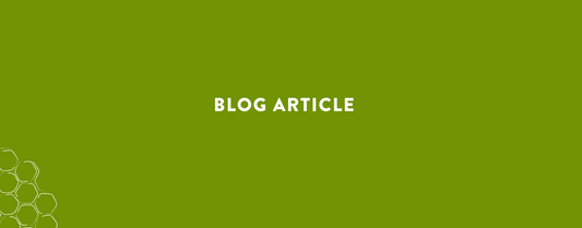 Blog article header with green background and honeycomb design elements.