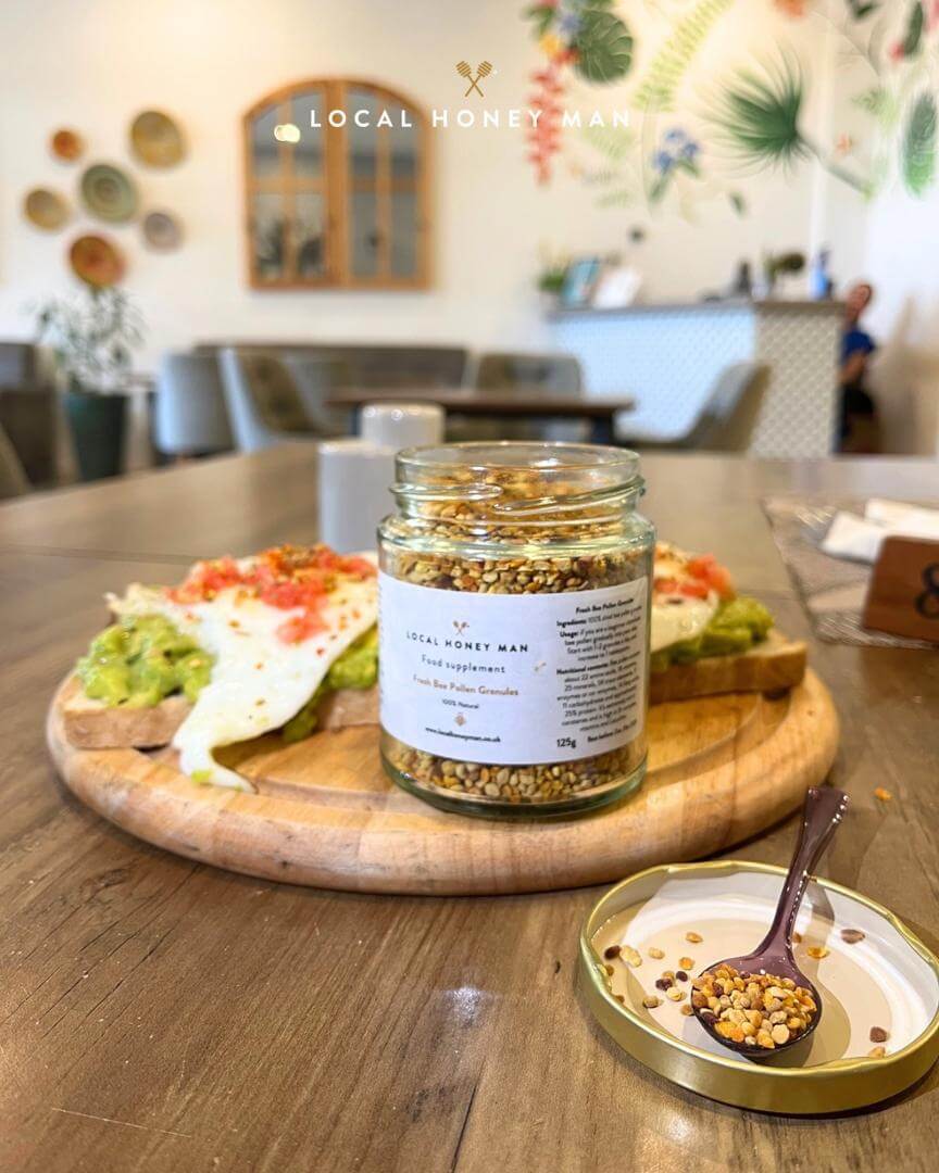 Bee Pollen and raw propolis on a wooden board, perfect for health enthusiasts. Buy pure honey and natural remedies today!