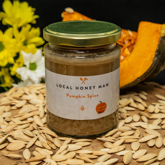 Creamy Pumpkin Spice raw honey with Pumpkin seeds and the pumpkin vegetable 
